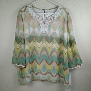 NWT Alfred Dunner Womens XL Blouse 3/4 Sleeve Lace Tan Gold Metallic Sheer Lined